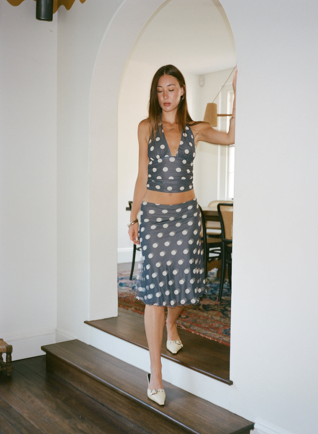 Chateau Pois  Midi Skirt - Grey