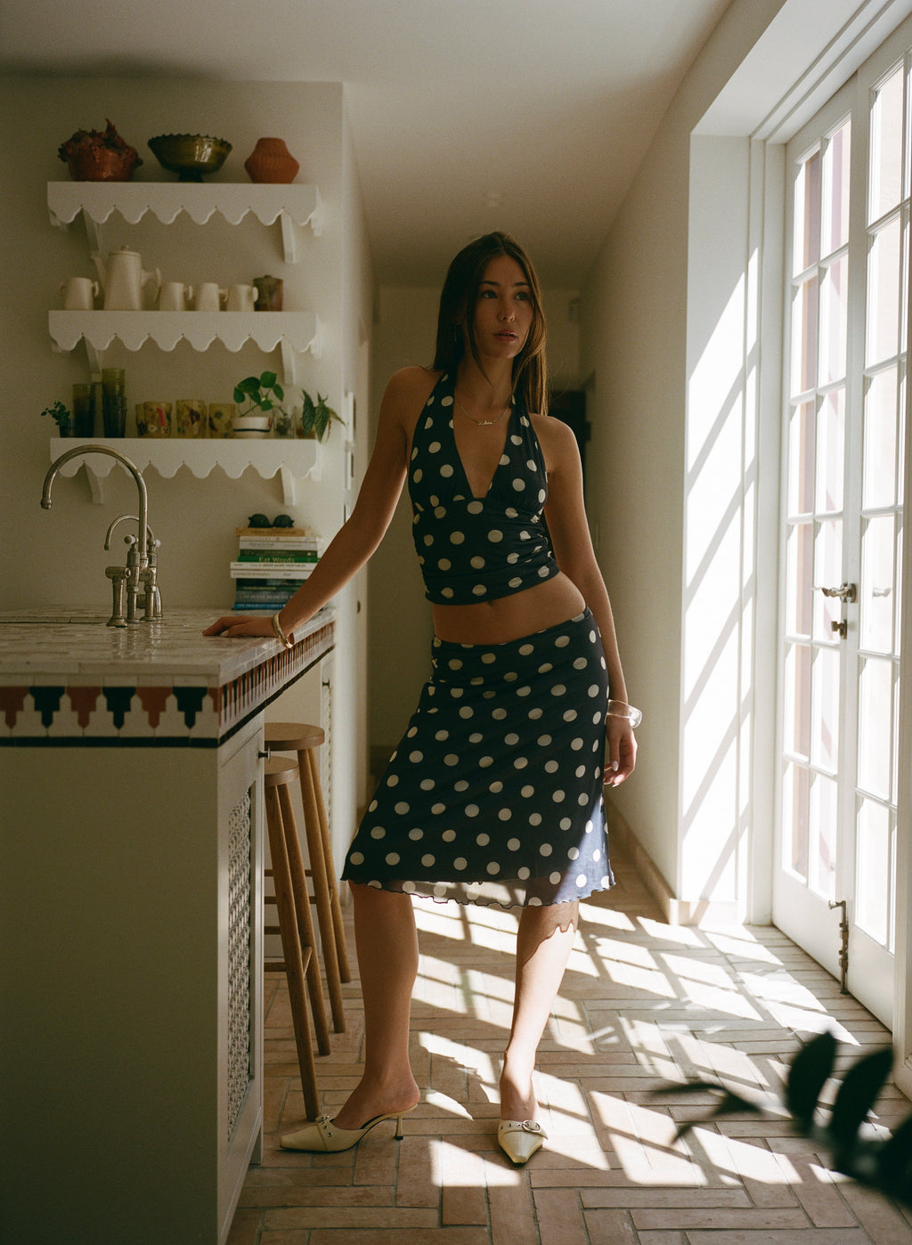 Chateau Pois  Midi Skirt - Grey