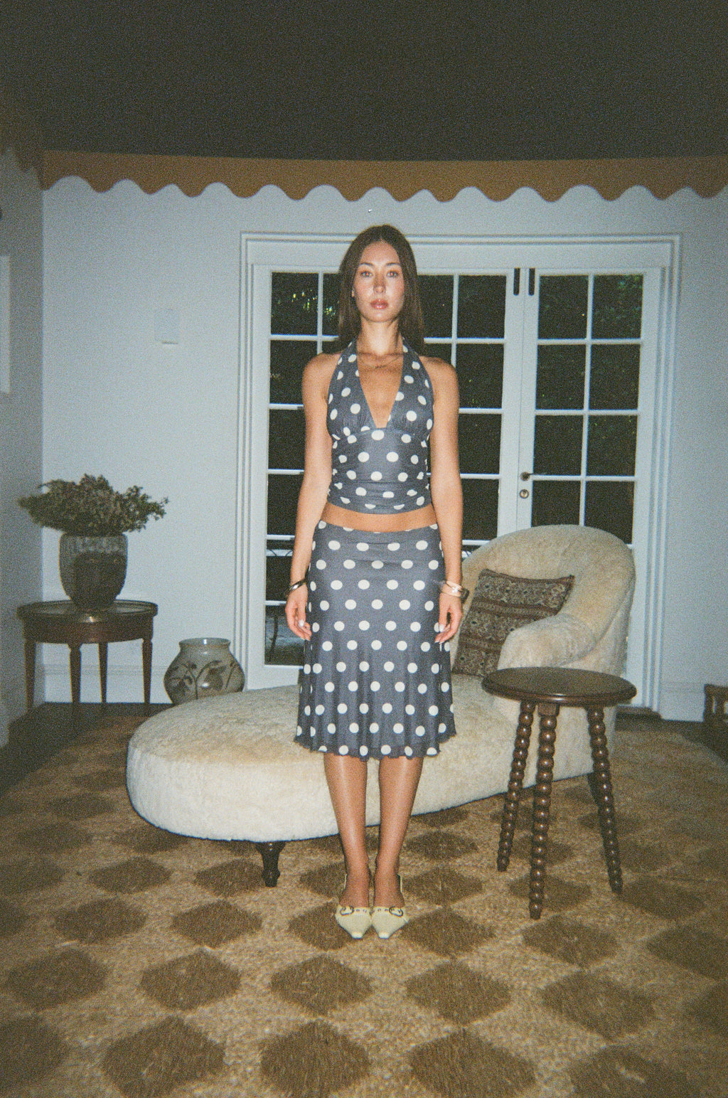 Chateau Pois  Midi Skirt - Grey